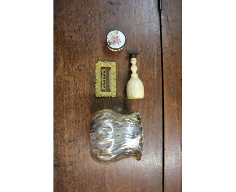 A mixed lot, to include: a bone handled seal; together with an enamel circular box; a gilt shoe buckle; and an electroplated 