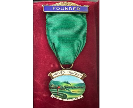 Silver and enamel Founders jewel for United Fairway Lodge No. 9094. Enamel picture depicting a golf course. Birmingham hallma