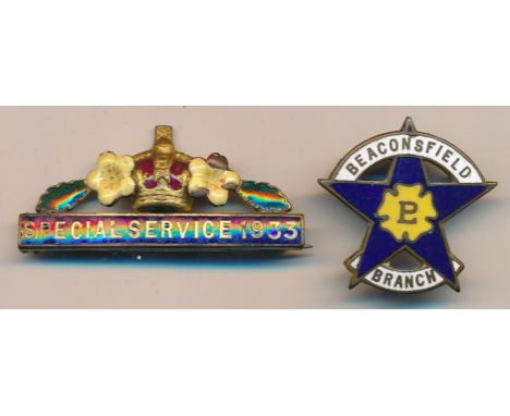 Primrose League badges. Scarce Beaconsfield Branch and Special Service 1933 Bar badge. Both badges in good order with enamel 