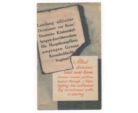 Allied divisions land near Rome.&nbsp; Second World War German airborne Propaganda leaflet. Small-scale leaflet, front reads 