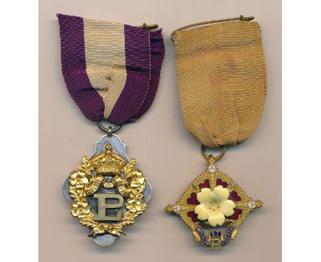 Primrose League Badges. Ruling Councillors Badge on Ribbon and Associates Full Dress Badge on Ribbon pre 1888. 2 both in exce