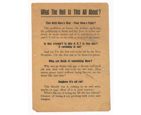 What The Hell Is This All About? - Second World War German airborne Propaganda leaflet. Text-based leaflet, first person leaf