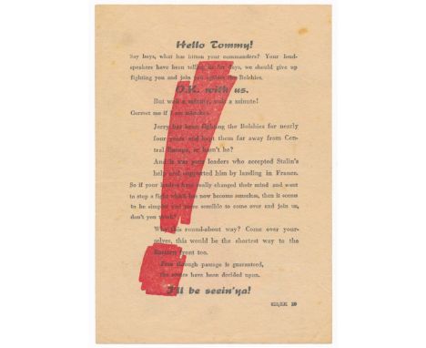 Hello Tommy! - Second World War German airborne Propaganda leaflet. Text-based propaganda leaflet in both English and French 