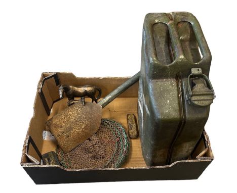 Militaria selection, to include; green military jerry can height 46cm, entrenchment tool, Halfords puncture repair kit tin (w