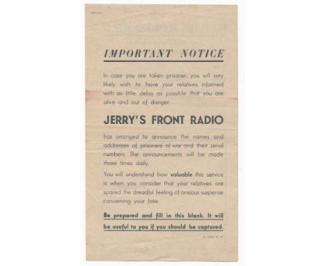 Jerry's Front Radio - Second World War German airborne Propaganda leaflet. Self fill-in airborne leaflet, front explains the 