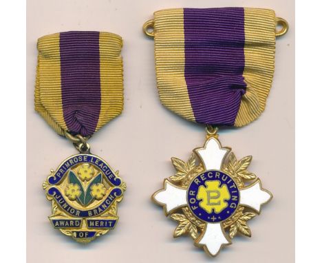 Primrose League Medals. For Recruiting on Ribbon and Primrose League Junior Branch Award of Merit on Ribbon. both in good con