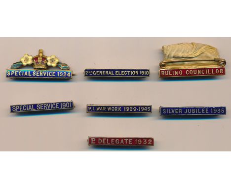 Primrose League Bar badges. General Election 1910, P.L War Work 1939-1945, Ruling Councillor, Delegate 1939, Special Service 