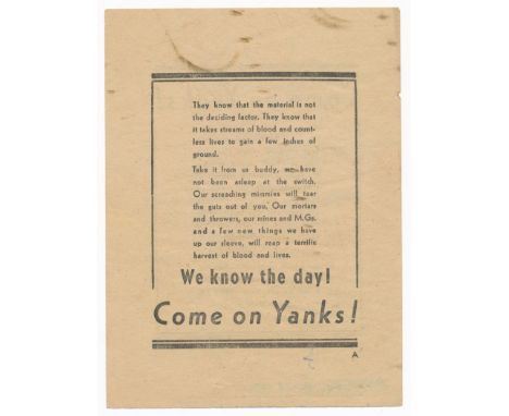 We know the day! Come on Yanks! - Second World War German airborne Propaganda leaflet. Text-based leaflet. Front reads; "They