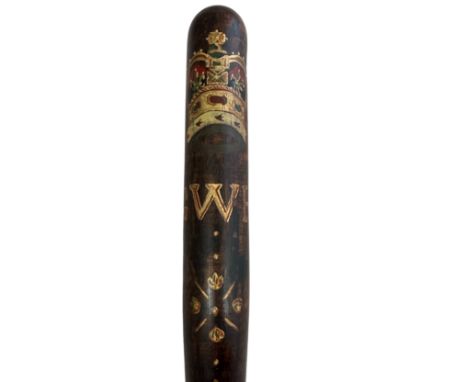 Great Western Railway wooden truncheon, hand painted in gilt with G. W. R. below a crown. Tightly ribbed carved handle. Lengt