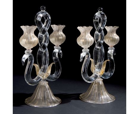 A pair of blown glass two-light candelabra, Murano 31cm. high