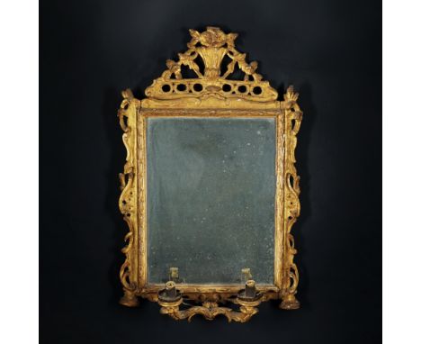 An Italian carved and gilt wood two-light wall sconce, Marche, 18th century 72by45cm. (some lacks)