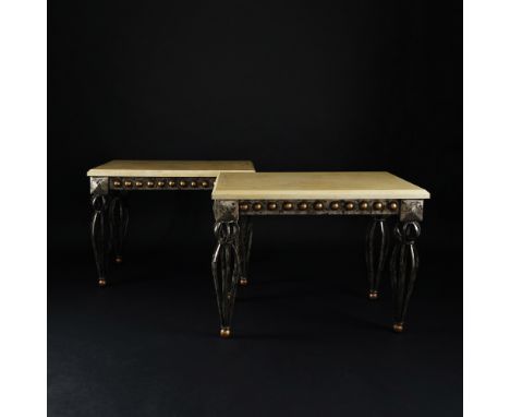 A pair of fake marble wood top sofa tables with wrought iron legs, 61x86x48cm. each