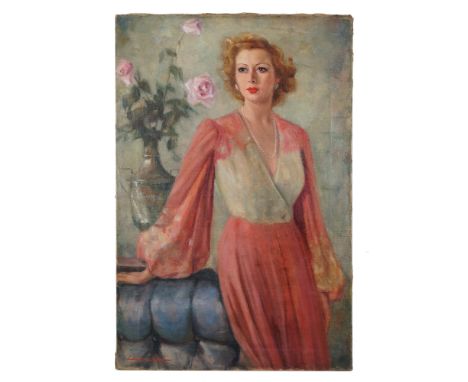 20th century painter Portrait of a lady in pink dressoil on canvas, 121by80cm.Signed on lower left: Casati