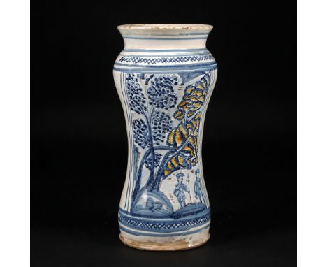 A Grottaglie white, blue and yellow maiolica albarello, 18th century 24cm. high (haircrack)