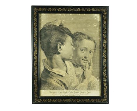 7 ebonized and painted wood frames each containing a print, frint sight from 36by25cm. to 41by30,5cm. (defects)