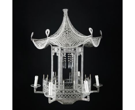 A pair of pagoda six-light chandeliers and a pair of appliques similar in shape entirely hand built with faceted spheres of c