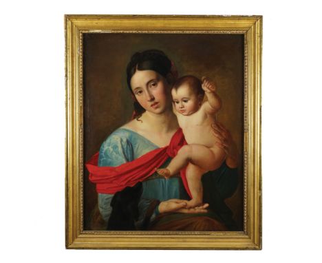 Early 19th century painter Portrait of a young lady with her daughter and a dogoil on canvas, 75by62cm.