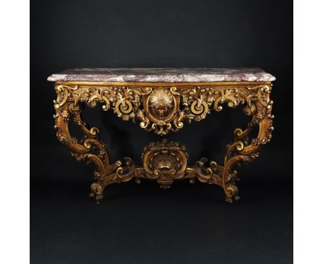 A gilt carved wood marble top console 94x146x62cm.