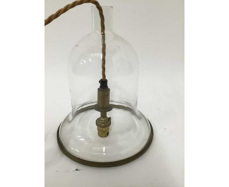 Glass hanging lantern of bell form with brass band on gold hanging cord with brass ceiling rose. 26cm x 20cm.Due to the natur