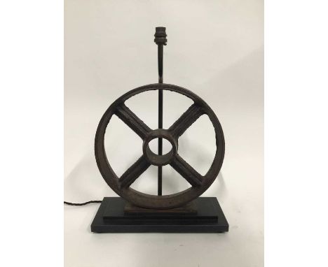 Industrial Wheel lamp, 51cm high to top of light fitting, 34cm diameter wheel, on 35cm x 15cm baseDue to the nature and fragi