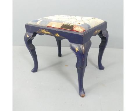 A Chinoiserie decorated piano stool, with tapestry upholstered seat and raised on cabriole legs. 53x46x42cm. 