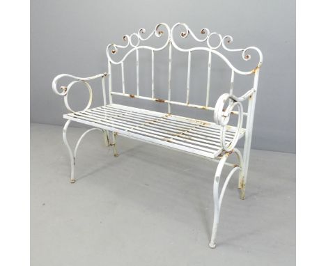 A white painted aluminium folding garden bench. 106x97x48cm. 