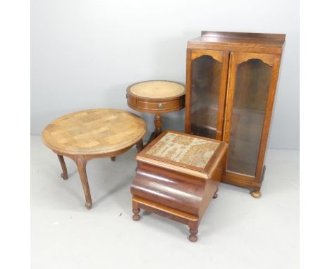 A 1930s oak two-door bookcase with two adjustable shelves, 59x111x26cm, a circular drum table, a French parquetry topped coff