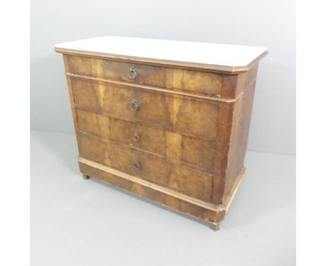 A French walnut marble topped commode chest of four long drawers. 122x102x55cm. 