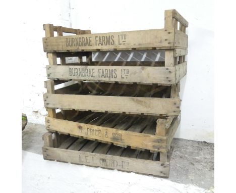 Five vintage fruit crates, named to Vernbrae Farms Ltd, A.E.L (Kent) Ltd, and R. Price and Son. 76x17x42cm. 