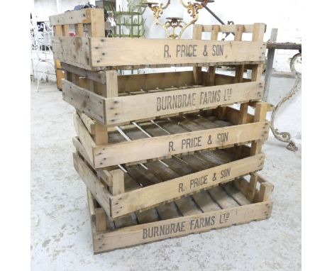 Five vintage fruit crates, named to Vernbrae Farms Ltd, and R. Price and Son. 76x17x42cm. 