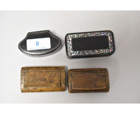 A collection of antique snuff boxes to include Two Georgian Burr wood examples having hinged lids and two Victorian lacquered