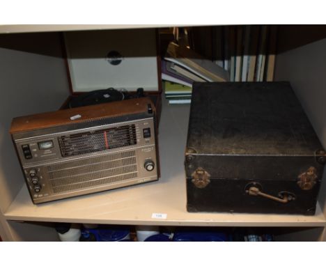 An early 20th century Colombia no.202 gramophone with a modern Retro club record player and a Selena transistor radio