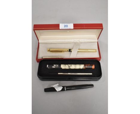 A selection of pens, amongst which are a Gold plated Sheaffer fountain pen, A Platignum Ensign fountain pen and a Troika roll