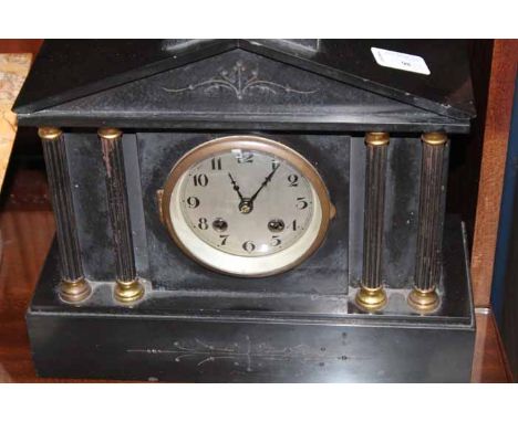 BLACK SLATE MANTEL STRIKING CLOCK
together with a marble Art Deco clock and one other (3)