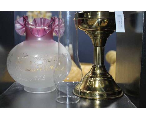 VICTORIAN BRASS OIL LAMP
with frosted cranberry glass shade 