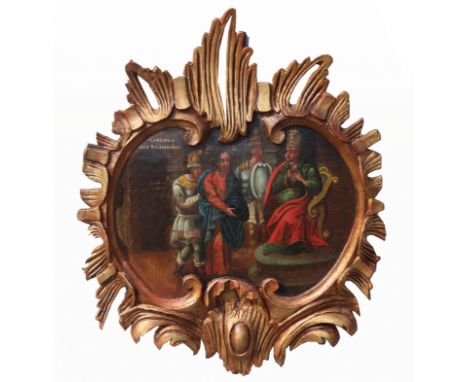 Exhibited Russian Icon, "Jesus Before Caiaphas". 19th C. Oil on wood. Because of its non-rectangular shape, this icon was pro