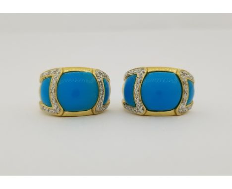 14K Gold Turquoise &amp; Diamond Earrings. Stamped inside earrings. Length: 1.8 cm. Overall Weight: 8 g - All silver, gold an