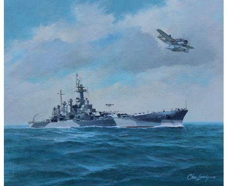 Charles J Lundgren (New York, Connecticut, 1911 - 1988) "U.S.S. North Carolina" Signed lower right. Original oil on Masonite 