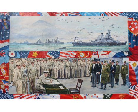 Brian Sanders (British, B. 1937) "Japan VJ-Day" Original Oil on Canvas painting. With artists notations in margins. Provenanc