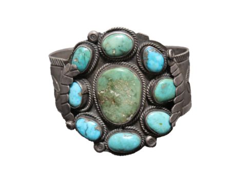 Vintage Navajo Style Silver/Turquoise Bangle. Appears to be unmarked. Inside Wrist Width: 2.75 in.