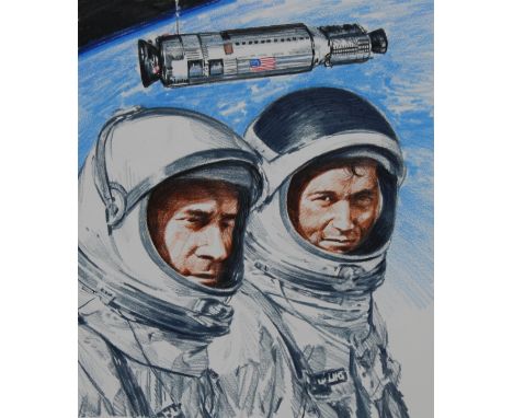 Chris Calle (American, B. 1961) "First Successful Orbital Rendezvous" Signed lower right. Original Mixed Media painting on Il