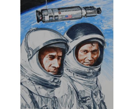 Chris Calle (American, B. 1961) "First Successful Orbital Rendezvous" Signed lower right. Original Mixed Media painting on Il