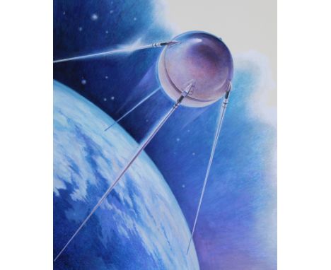 Vladimir Beilin (Russian, 20th C.) "Sputnik" Original Fleetwood First Day cover watercolor painting. Provenance: Collection o