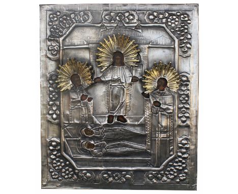 Exhibited 19th C. Russian Icon, "Saints Kosmas and Damian". Tempera on wood with silver plated brass riza. The two doctor and