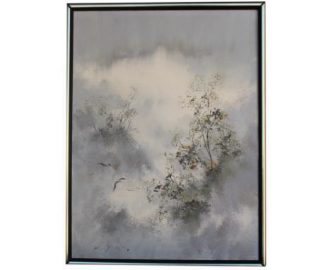 Kee Fung Ng, Vintage Chinese Painting. Oil on canvas. Signed lower left. Original gallery labels verso. Sight Size: 24 x 18 i