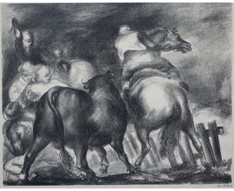 Jon Corbino (American, 1905 - 1964) "Escaped Bull" Lithograph. Pencil signed lower right. Associated American Artists Label w