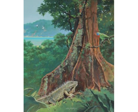 John Swatsley (American, B. 1937) "Green Iguana and Red-necked Parrot in Rainforest" First Day Cover painting. Signed lower c