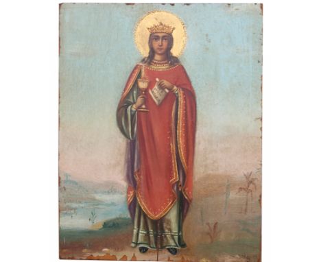 Exhibited Antique Russian Icon, "The Great Martyr Barbara". Oil on wood. Barbara, who was born to a wealthy family in Egypt, 