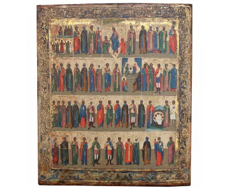 Exhibited 19th C. Russian "Month" Icon for October. Tempera, gold leaf on wood. This is one of a series of twelve icons that 