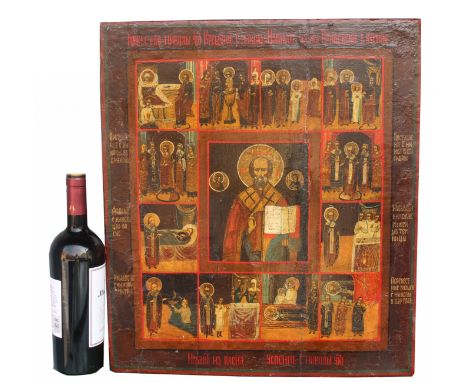 Large Exhibited Antique Russian Icon," The Life of Saint Nicholas the Wonderworker." Oil and tempera on wood. This icon depic